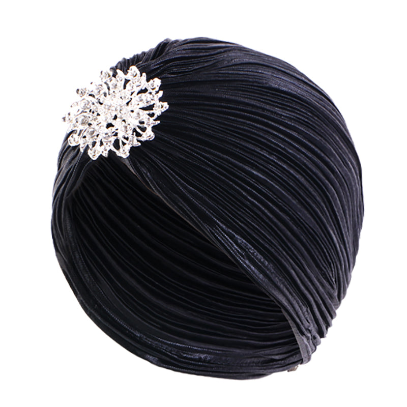 Luxury Jewel Turban Hat for Women – Gold and Silver Diamond Pleated Headwear for Chemo, Hijab, and Elegant Cultural Styling