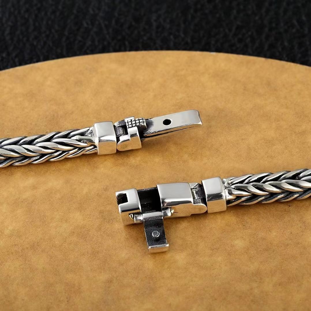Sterling Silver Handmade Woven Bracelet – Retro Domineering Keel Design Jewelry for Men & Women, Pure S925 Silver Craftsmanship