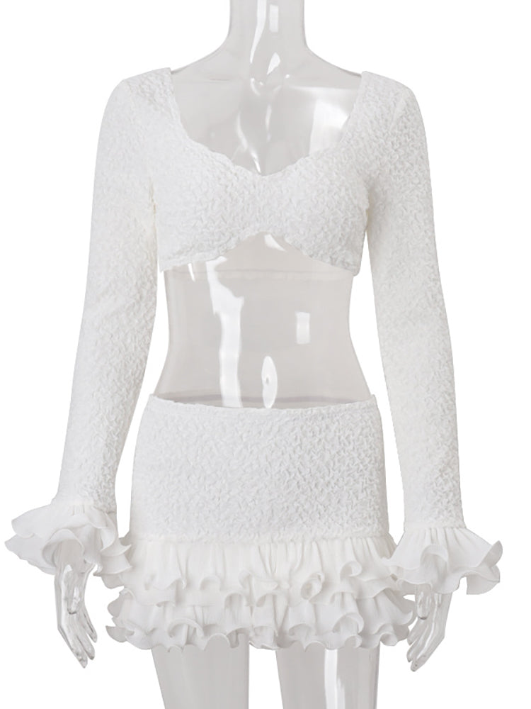 Ruffle Two-Piece Skirt Set – Sexy Low-Neck White Long-Sleeve Top and Mini Skirt for Slim Summer Party and Elegant Fashion Looks