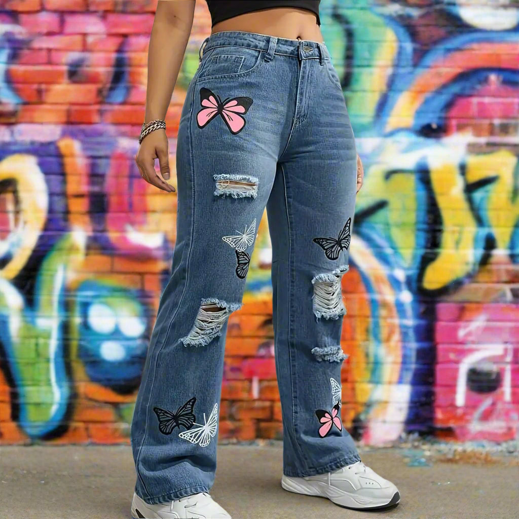 Sexy Open Crotch Butterfly Embroidered Jeans – High-Rise Wide Leg Bell Bottom Ripped Boyfriend Pants for Women
