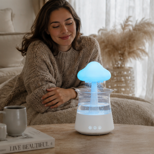 Mushroom Cloud Rain Humidifier - Aromatherapy Diffuser with Raindrop Effect and Colorful Night Light for Relaxing Home Atmosphere