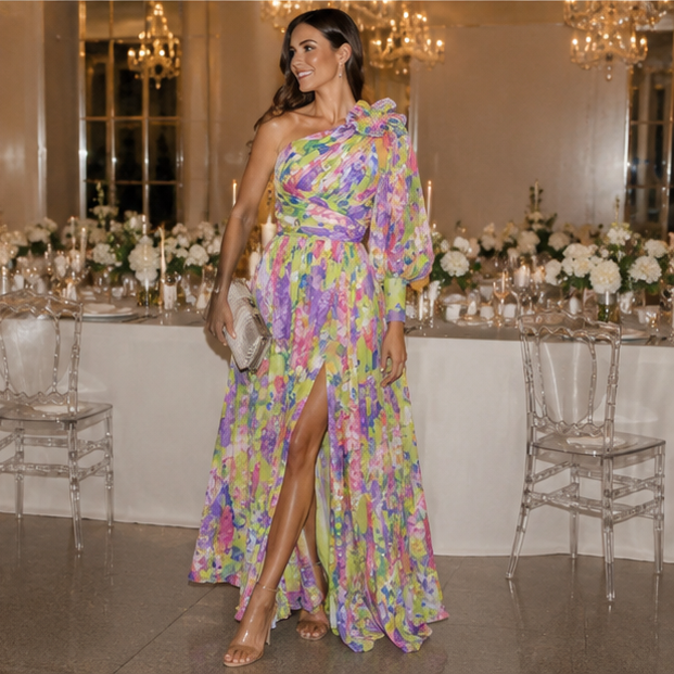 Off Shoulder Slit Dress Women - Long Sleeve Waist Tie Holiday Party Dress, Elegant Printed Fashion Outfit for Evening and Casual Wear