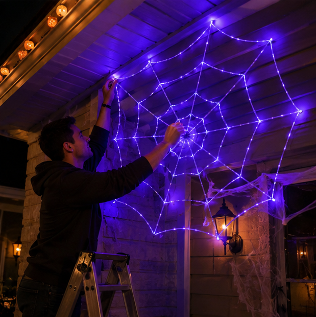 Purple Spider Web Lights - Giant Halloween LED Decoration for Indoor Outdoor Haunted House and Spooky Party Ambience