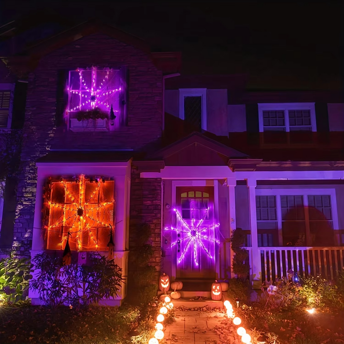 Halloween Spider Web LED String Lights – Orange Glowing Spider Net with Black Spider for Indoor, Outdoor, Haunted House and Party Decor