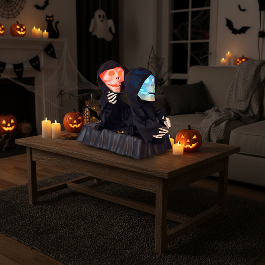 Animatronic Pumpkin Skeleton Duo - Motorized Halloween Decoration with LED Lights and Sound Effects for Yard Terror Displays