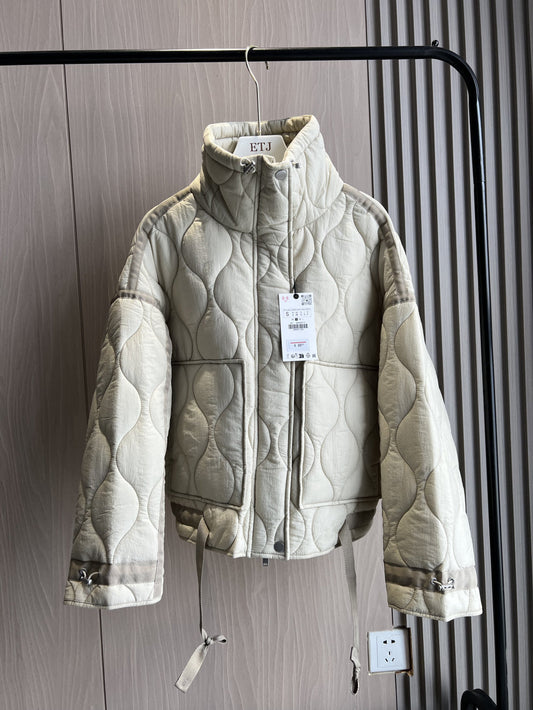 Women’s Quilted Drawstring Jacket – High Neck Cotton Padded Coat with Pockets for Casual Autumn Winter Layering Style