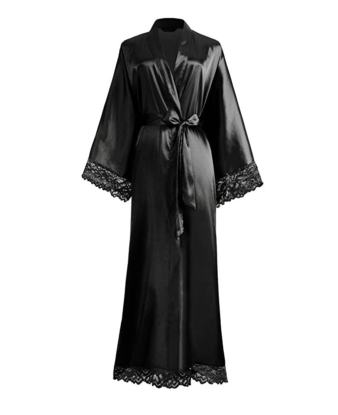 Luxury Silk Satin Lace Robe – Long Bridal Bathrobe for Women, Elegant Lingerie & Bridesmaid Wedding Nightwear