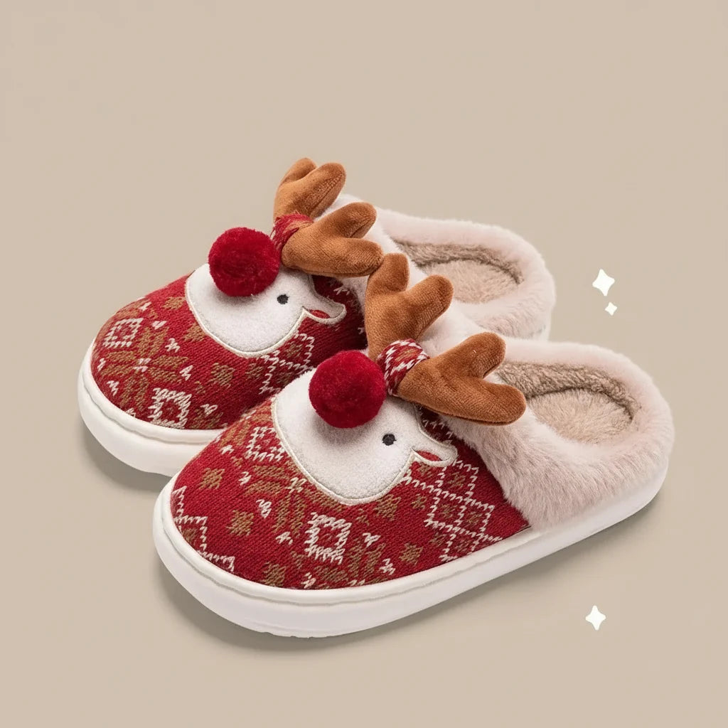 Women’s Winter Cotton Christmas Slippers – Cute Cartoon Deer Non-Slip Indoor Shoes for Girls, Cozy Holiday Home Footwear & Party Style