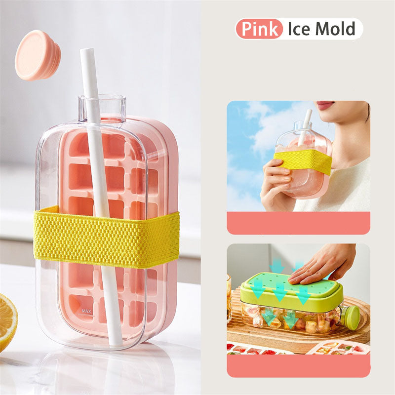 Silicone One-Click Ice Mold Bottle Cooler – No-Touch Ice Cube Tray with Straw Lid for Summer Drinks and Freezer Use