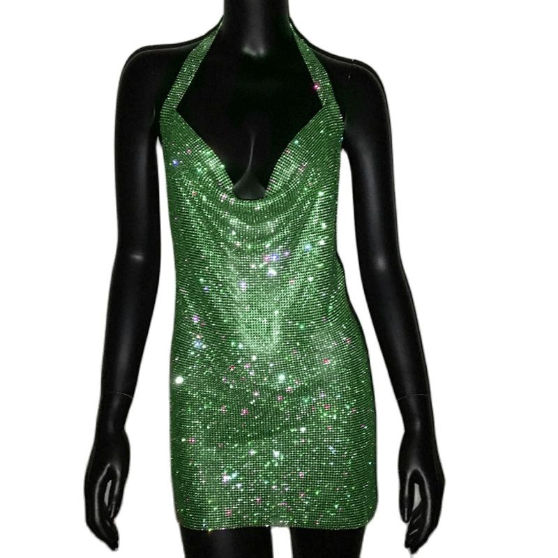 Luxury Rhinestone Sequin Mini Dress – Shimmering Halter Backless Mesh Slit Cocktail Dress for Dazzling Parties