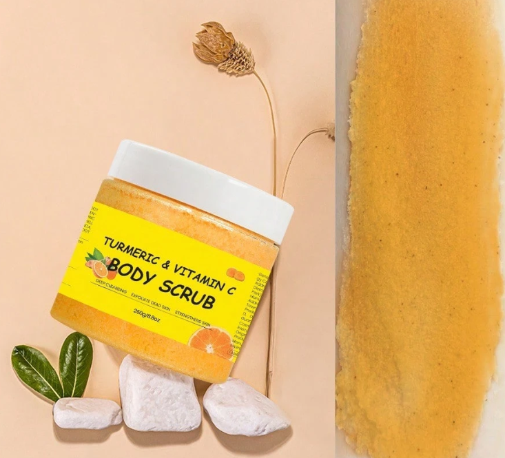 Turmeric & Vitamin C Exfoliating Body Scrub – Deep Cleansing Salt & Sugar Formula for Brightening Dark Spots, Acne & Skin Tone