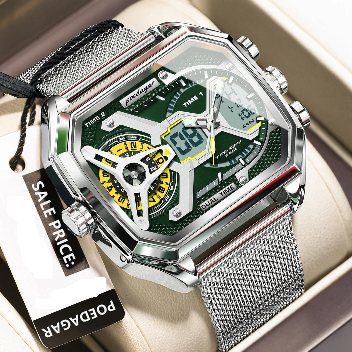 Men's LED Watch – Waterproof Rectangle Stainless Steel Quartz Timepiece with Week & Date Display, Elegant Fashion Accessory