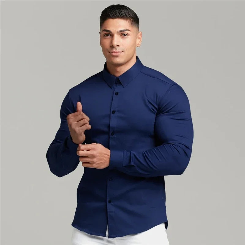 Men’s Super Slim Fit Plain Shirt – Long Sleeve Casual Button-Up for Business, Social Events, and Daily Sophisticated Style