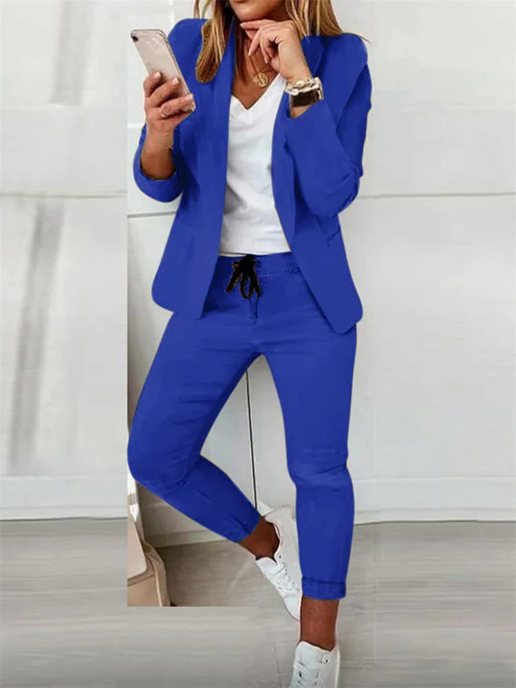 Women’s Two-Piece Lace-Up Office Set – Elegant Matching Suit with Tie Top and Pants for Business Chic Looks