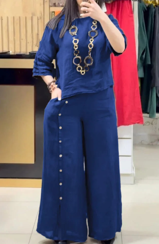 Women’s Loose Two-Piece Summer Set – Casual Button Shirt with 3/4 Sleeves and Slit Wide-Leg Pants for Effortless 2025 Style and Relaxed Elegance