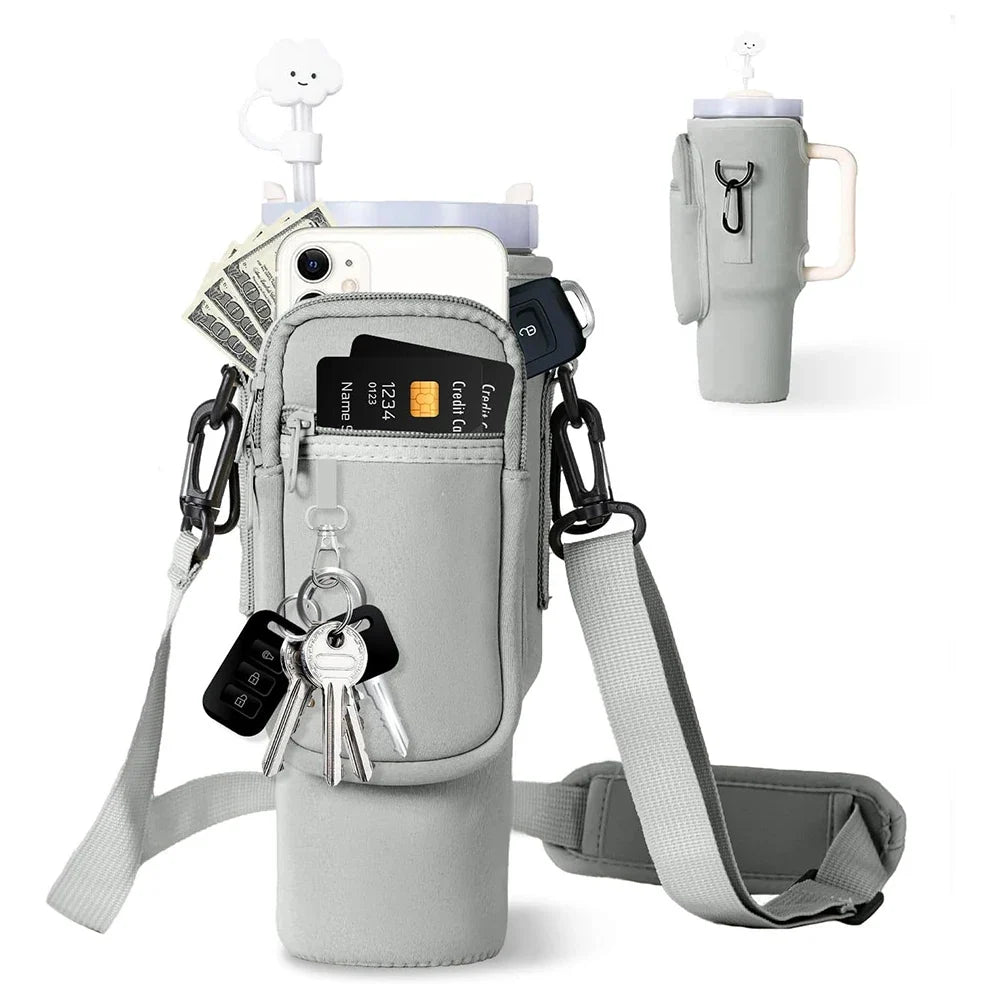 Water Bottle Carrier with Phone Pocket – Adjustable Crossbody Bottle Pouch Keeps Your Drink and Essentials Hands-Free on the Go