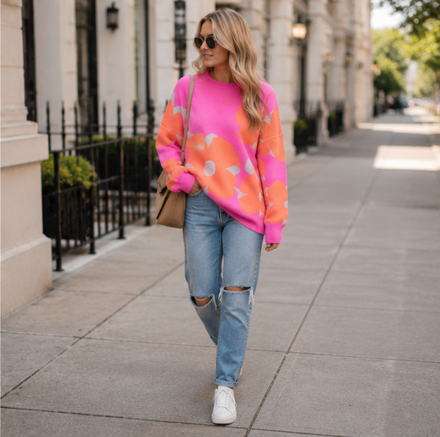 Women Floral Knit Sweater - Elegant Warm Pullover Top with Exquisite Flower Pattern for Sweet Fashion and Cozy Daily Wear