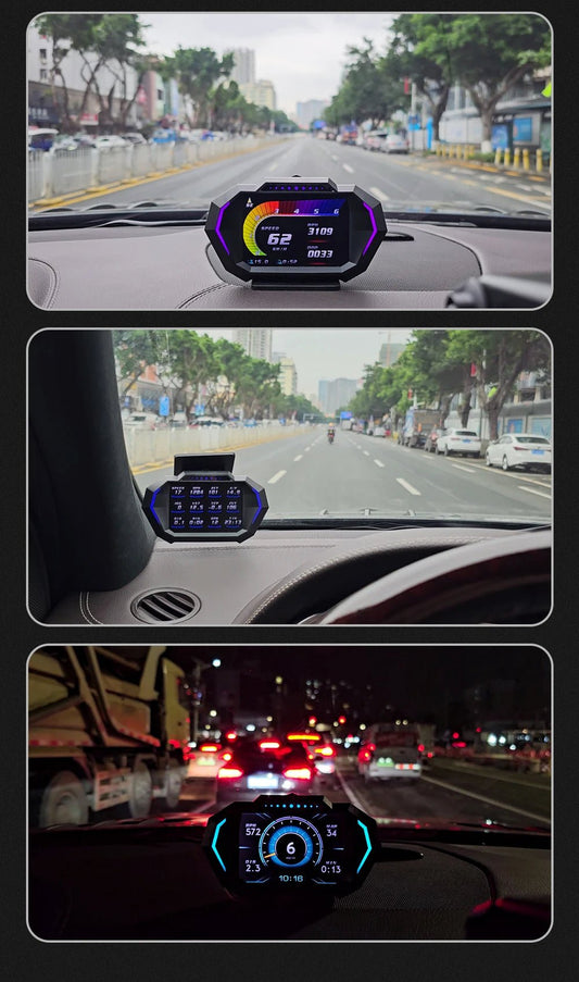 Advanced Digital Car Head-Up Crystal Display Speedometer – Dual OBD2+GPS System with Alarm, Turbo Pressure, Speedometer & Slope Indicator for Ultimate Driving Control