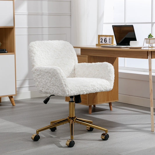Artificial Rabbit Hair Gold Metal Base Home Office Chair - Adjustable Rotating Office and Dressing Chair (beige)
