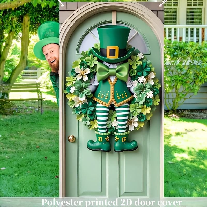 St. Patrick’s Day Door Banner – 70.8" Polyester Wreath Design with Shamrocks, Leprechauns & Bow Ties for Indoor & Outdoor Decor