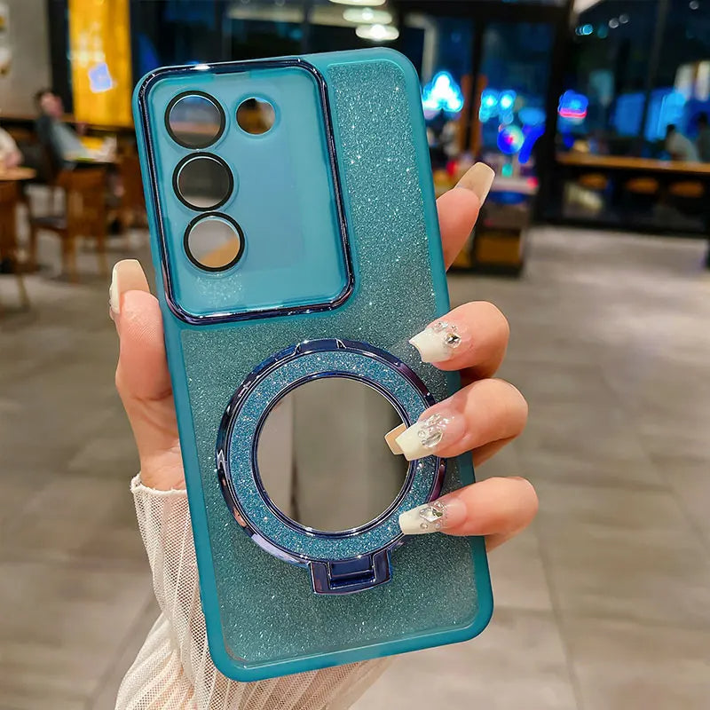 Bling Shockproof Mirror Case for Vivo V29E/V30 Pro – Glittery Protection with Stylish Mirror Holder