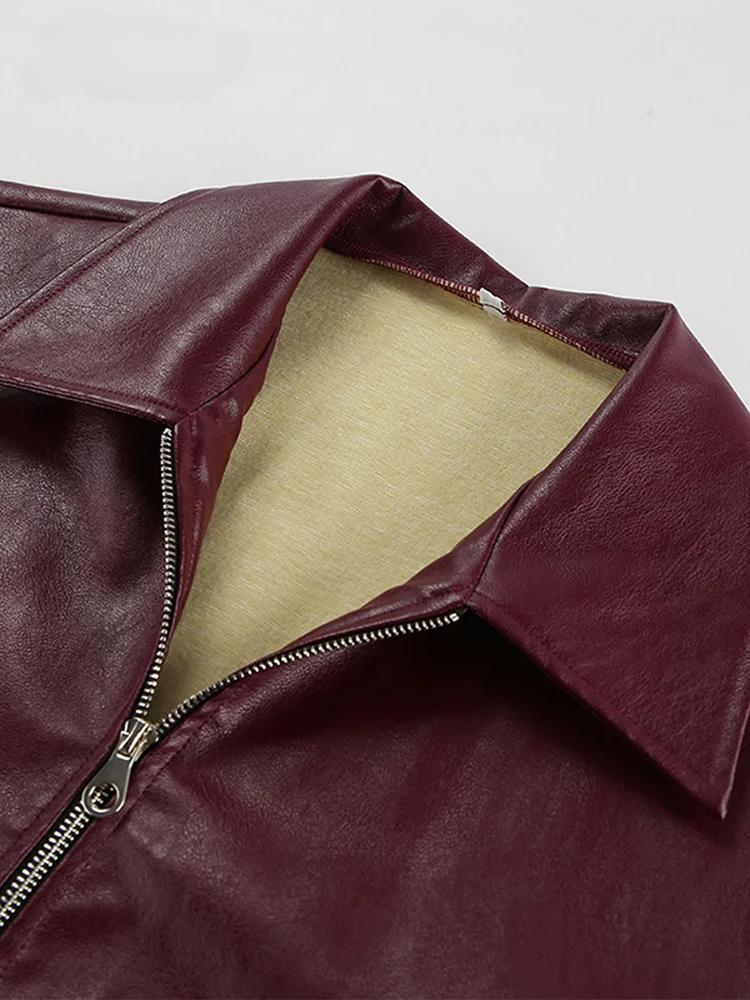 Burgundy Faux Leather Jacket for Women – Stylish Lapel Zipper Design and Long Sleeves for Autumn/Winter Street Fashion