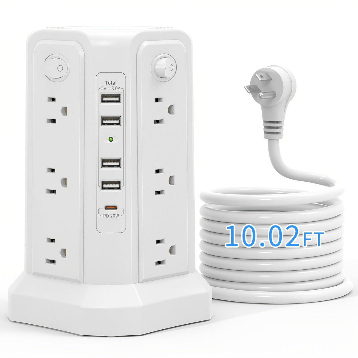 Upgraded Surge Protector Tower – 12 AC Outlets & 5 USB Ports with 10.2ft Cord, Must-Have Charging Station for Home, Office, Travel