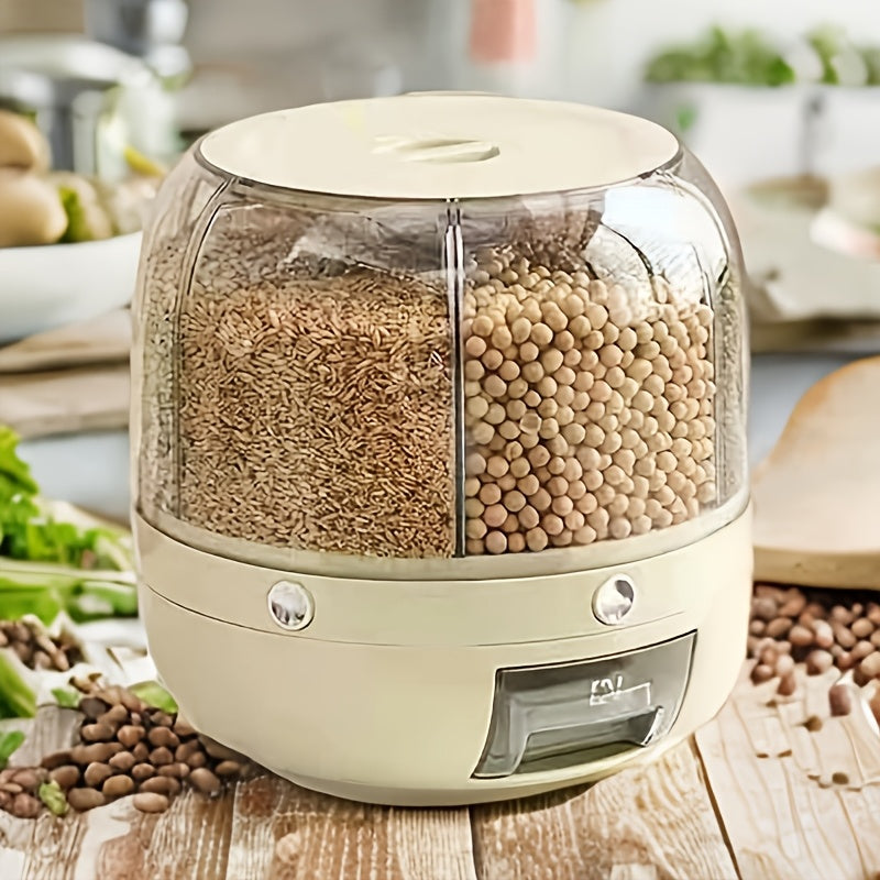 Large Capacity 6-Compartment Grain Dispenser – Airtight 360 Degrees Rotating Rice Bin for Cereals, Flour, Pet Food & Snack Storage