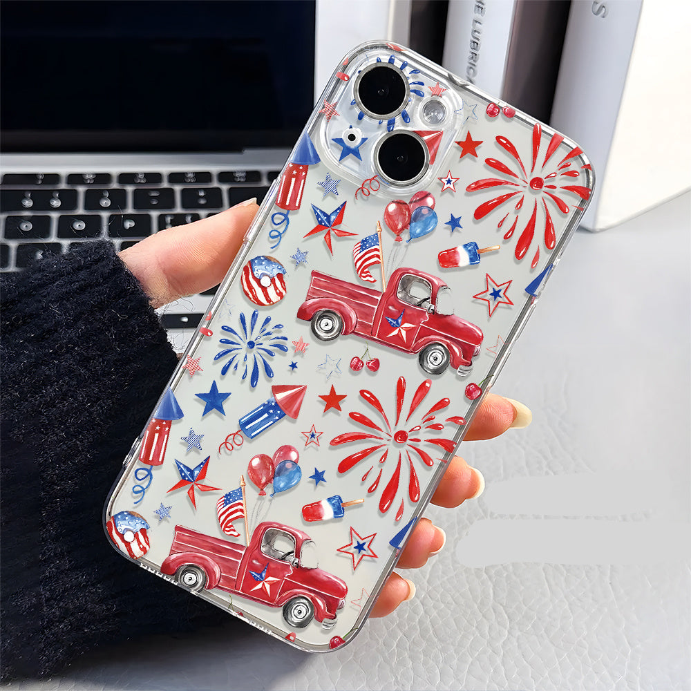 American Flag iPhone Case – Fireworks & Patriotic Truck Design Protective Cover for iPhone 16/15/14/13/12/11 Pro Max, Perfect Gift for Holidays & Everyday Use