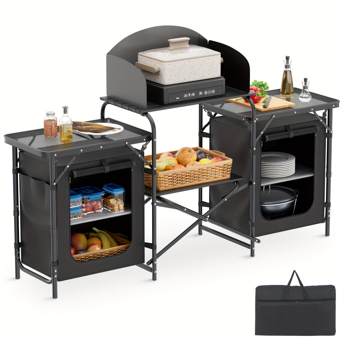 Portable Camping Cook Table - Folding, Compact, Windproof, with Storage & Organizer, Ideal for Outdoor Adventures