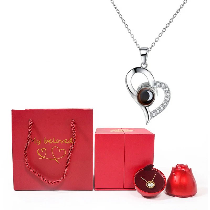 I Love You in 100 Languages Necklace - Personalized 100 Languages I Love You Photo Heart Projection Necklace Perfect for Valentine's Day