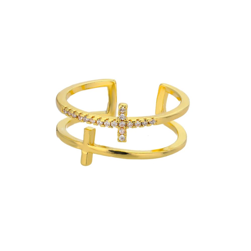 Korean-Style Double Cross Ring – Gold-Tone Stainless Steel with Sparkling Cubic Zirconia, Vintage-Inspired Jesus Engagement Jewelry for Women