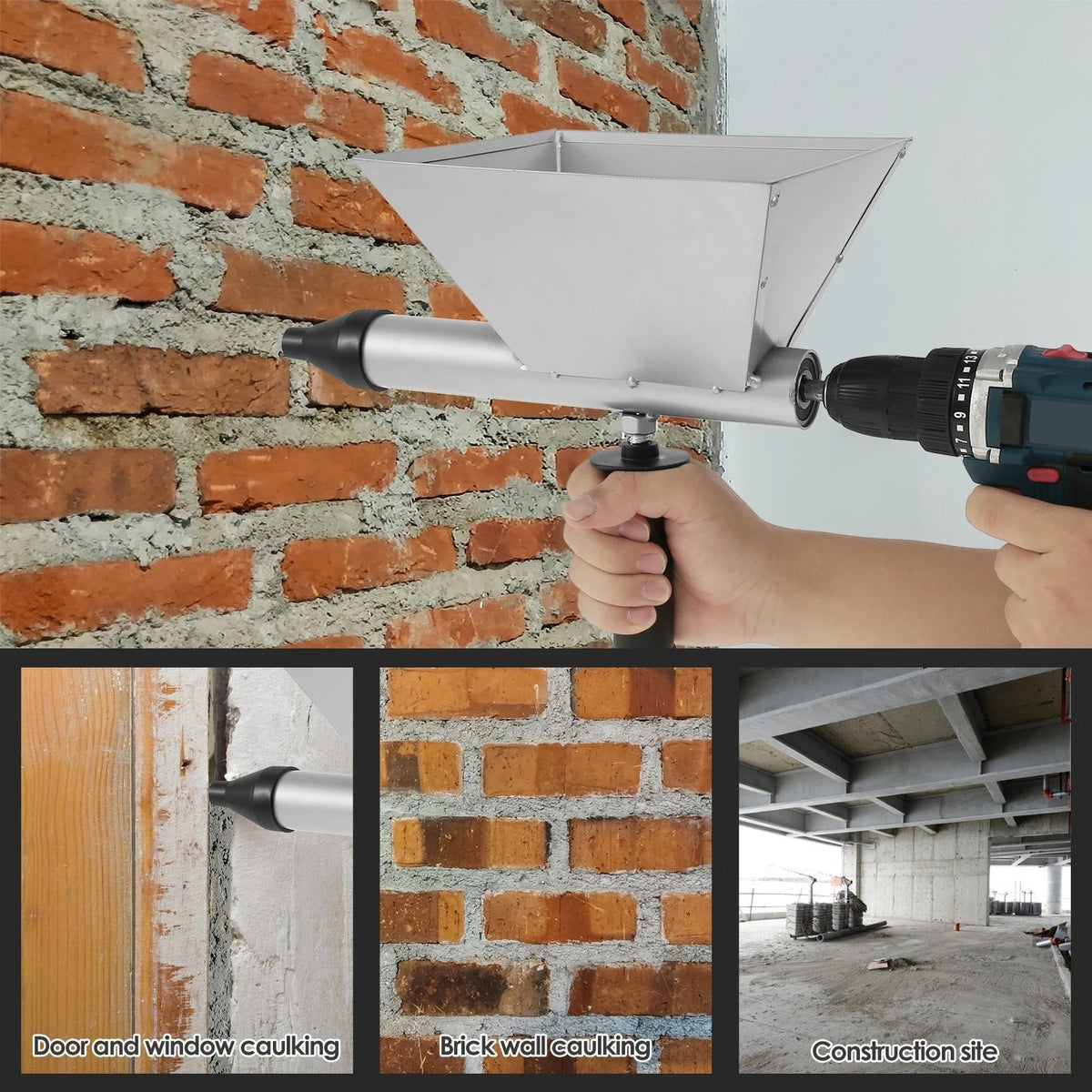 Mortar Grout Gun for Electric Drill – Caulking Gun Applicator with Steel Hopper & 4 Nozzles