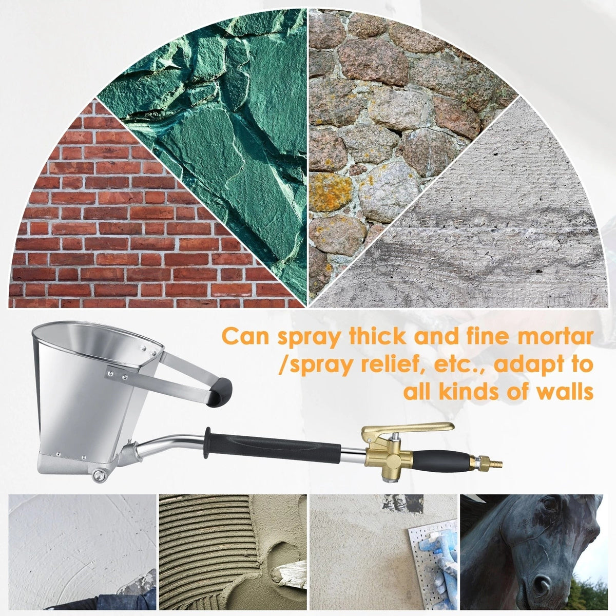 Stucco Sprayer Hopper Gun – Air-Powered Mortar & Plaster Spray Gun for Walls and Ceilings, 4 Nozzles, Stainless Steel Hopper