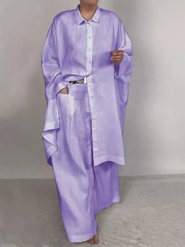 Casual Loose Solid Color Long Shirt & Wide-Leg Pants with Pockets – Two-Piece Set for Relaxed Elegance