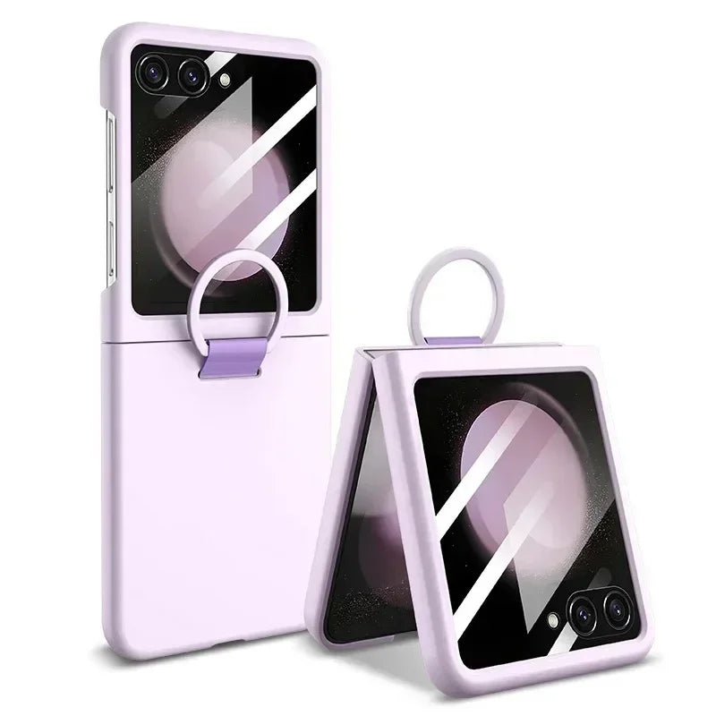 Liquid Silicone Ring Holder Phone Case for Samsung Galaxy Z Flip Series – Shockproof, Glass Screen Film, Durable 2-in-1 Design