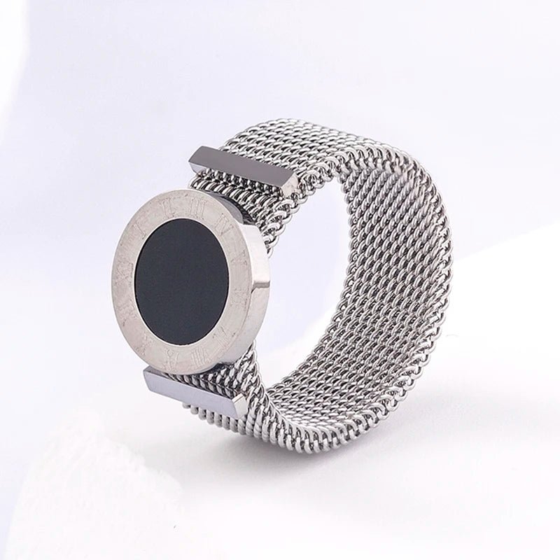 Roman Numerals Network Chain Rings - Titanium Stainless Steel Black Acrylic Wedding Ring For Women