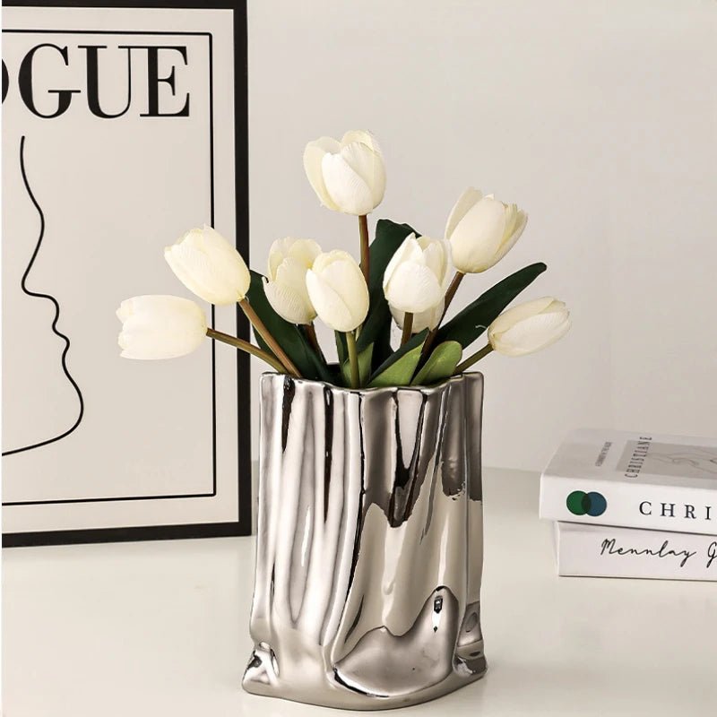 Silver Electroplated Ceramic Flower Vase – A Sophisticated Statement Piece for Elegant Living Room Decor & Timeless Floral Arrangements