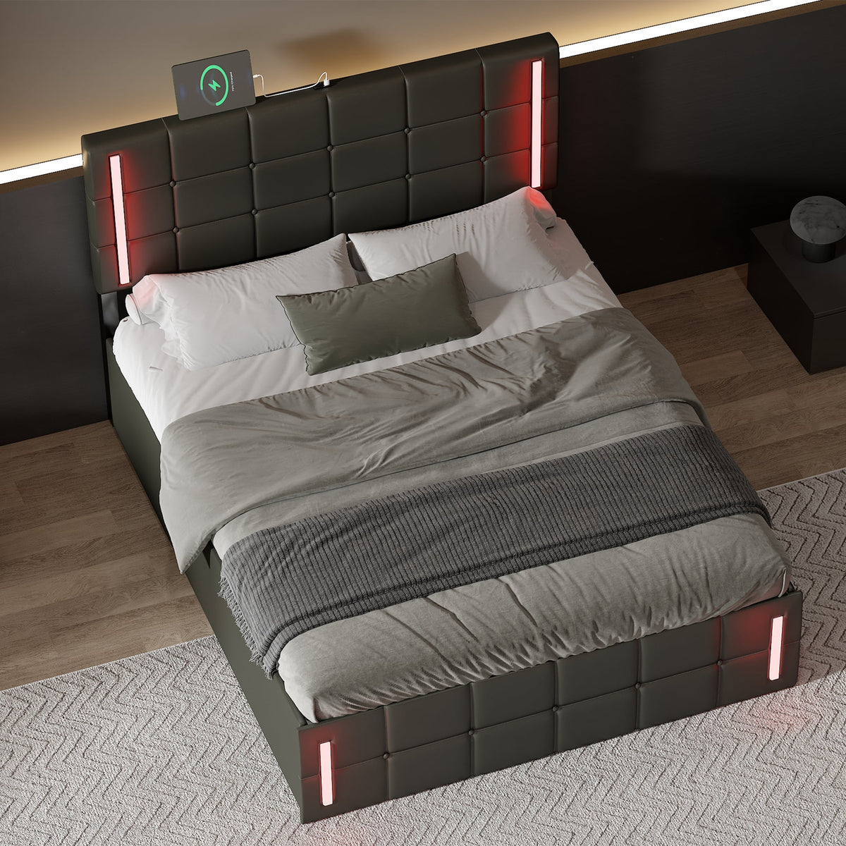 Smart Charge LED Bed - Full Size Upholstered Bed with LED Lights Hydraulic Storage System and USB Charging Station, Black