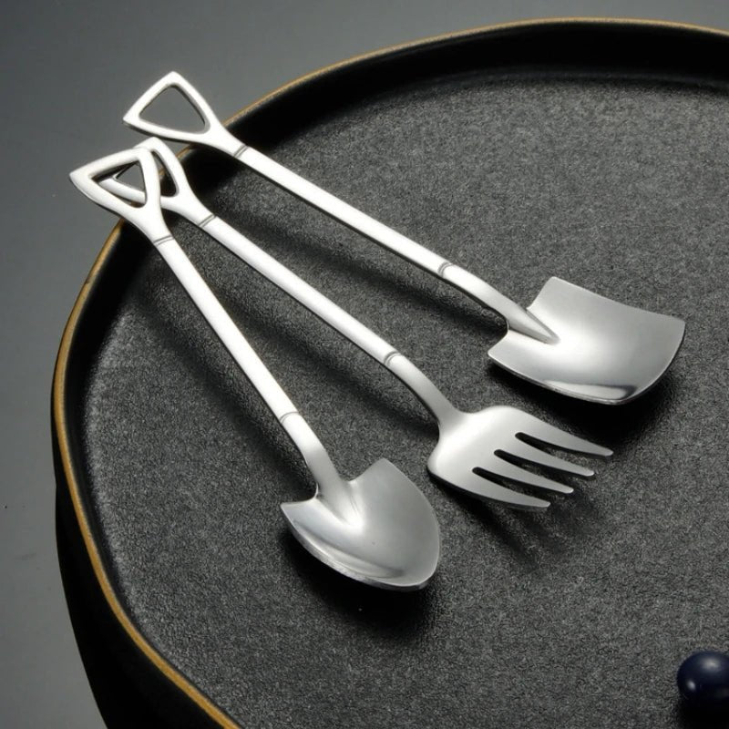 Stainless Steel Shovel Spoons & Fork Set – Creative Coffee Teaspoons, Fruit Forks, and Dessert Scoops for Ice Cream & Tableware Delight