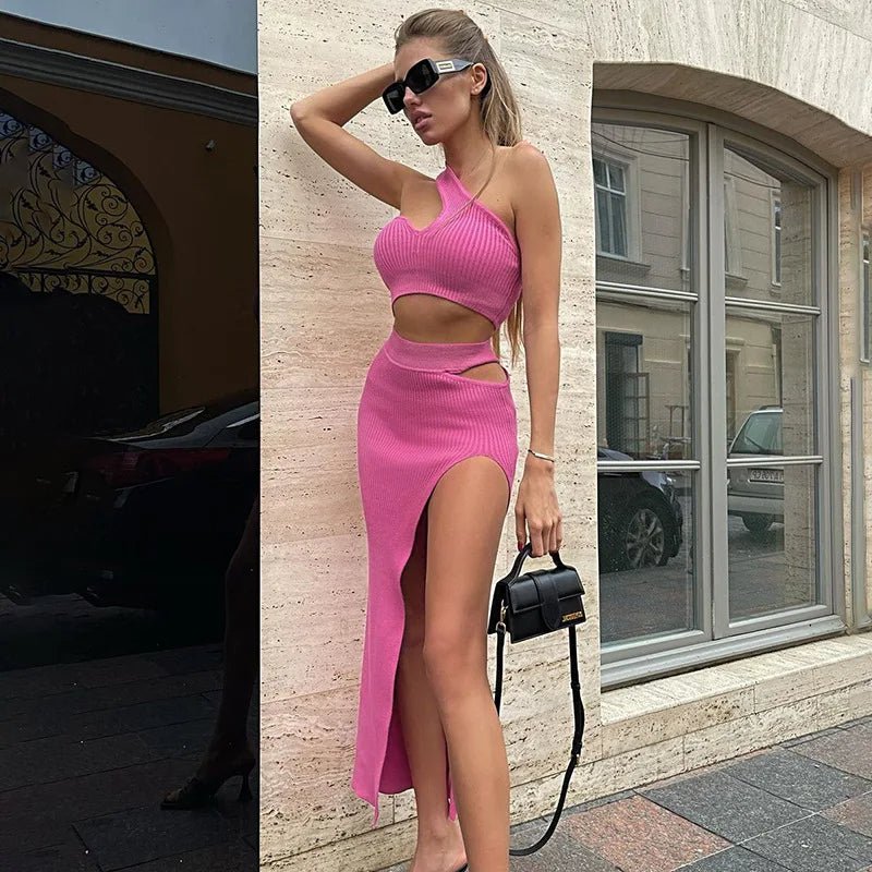 Summer One-Shoulder Tank Top Two-Piece Set - Side-Slit Skirt for Effortless Style