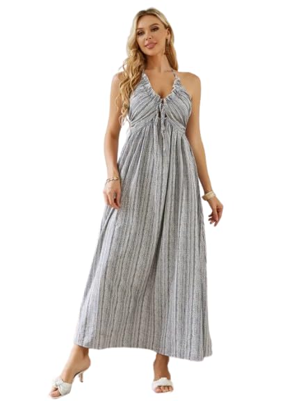 Summer U-Neck Bohemian Halter Maxi Dress – High Waist, Pleated, Backless Boho Style with Lace-Up Detailing