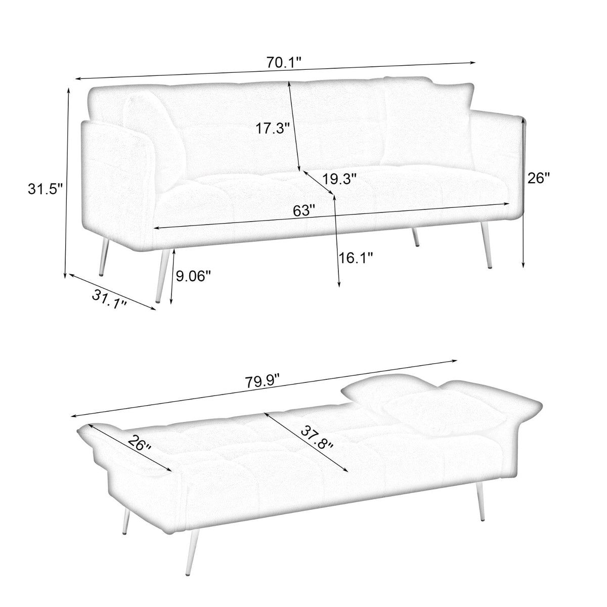 Teddy Velvet Sofa with Adjustable Armrests and Backrest, Convertible Futon Sofa for Living Room and Bedroom (70-inch)