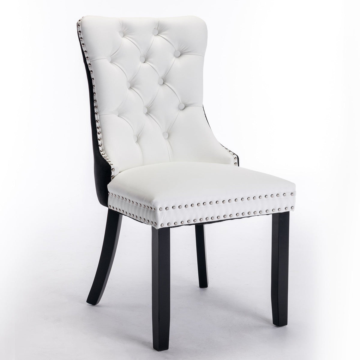 Tufted Solid Wood PU and Velvet Cushioned Dining Chairs with Wooden Leg Nail Head Decoration 2-piece set in (White and Black)