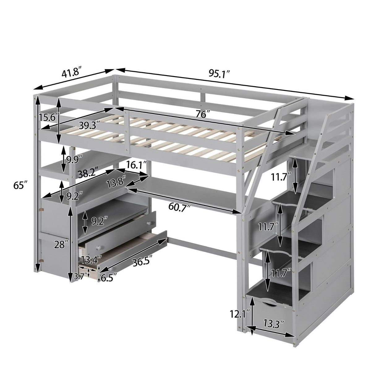 Twin Size Loft Bed with Desk, Shelves, Two Built-in Drawers, and Storage Staircase