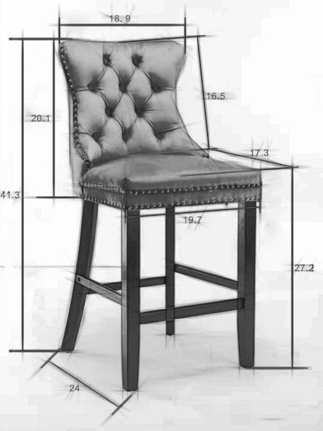 Velvet Padded Bar Chair with Button Cluster Decoration, Wooden Legs, and Chrome-Plated Nail Head Decoration, (Set of 2)