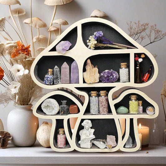 Wooden Mushroom Floating Shelf – Crystal Display Rack & Hanging Home Fragrance Shelf for Bedroom or Boho Living Room