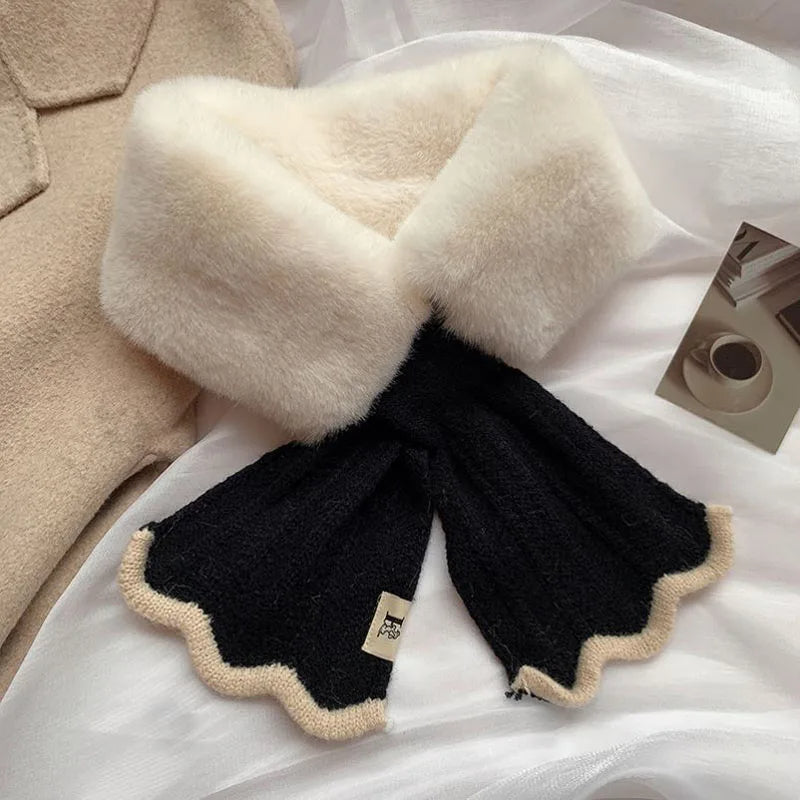 Korean Plush Collar Winter Scarf – Cozy Short Cross Wrap for Women & Girls