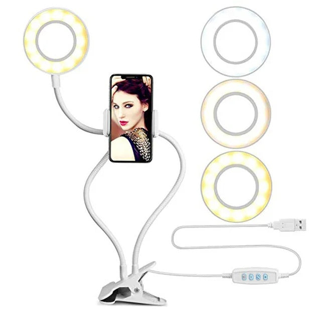 LED Selfie Ring Light with Flexible Mobile Phone Holder – Adjustable Desk Lamp, Lazy Bracket for Streaming, YouTube, Office, or Kitchen