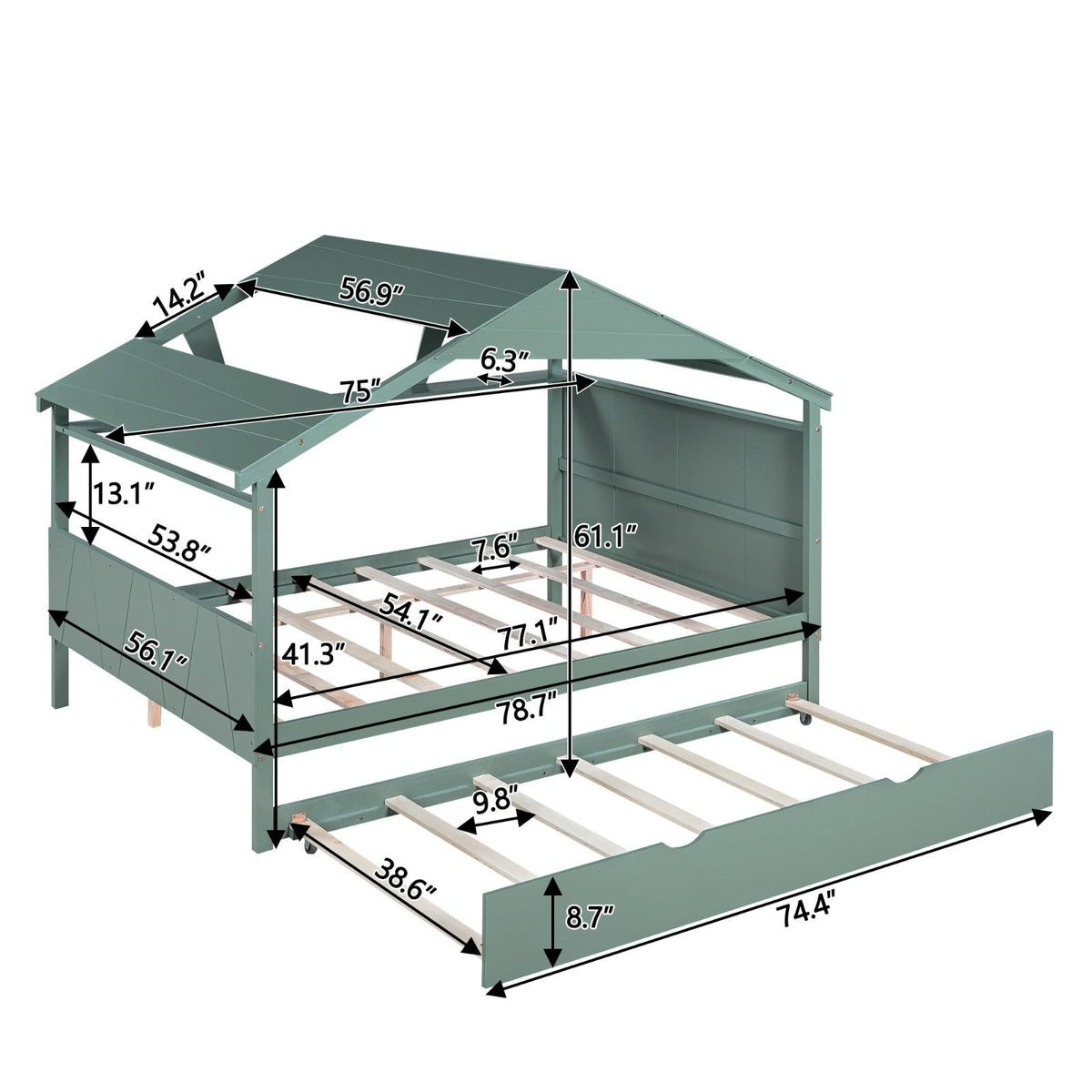 Wood Full Size House Bed with Storage and Twin Size Trundle